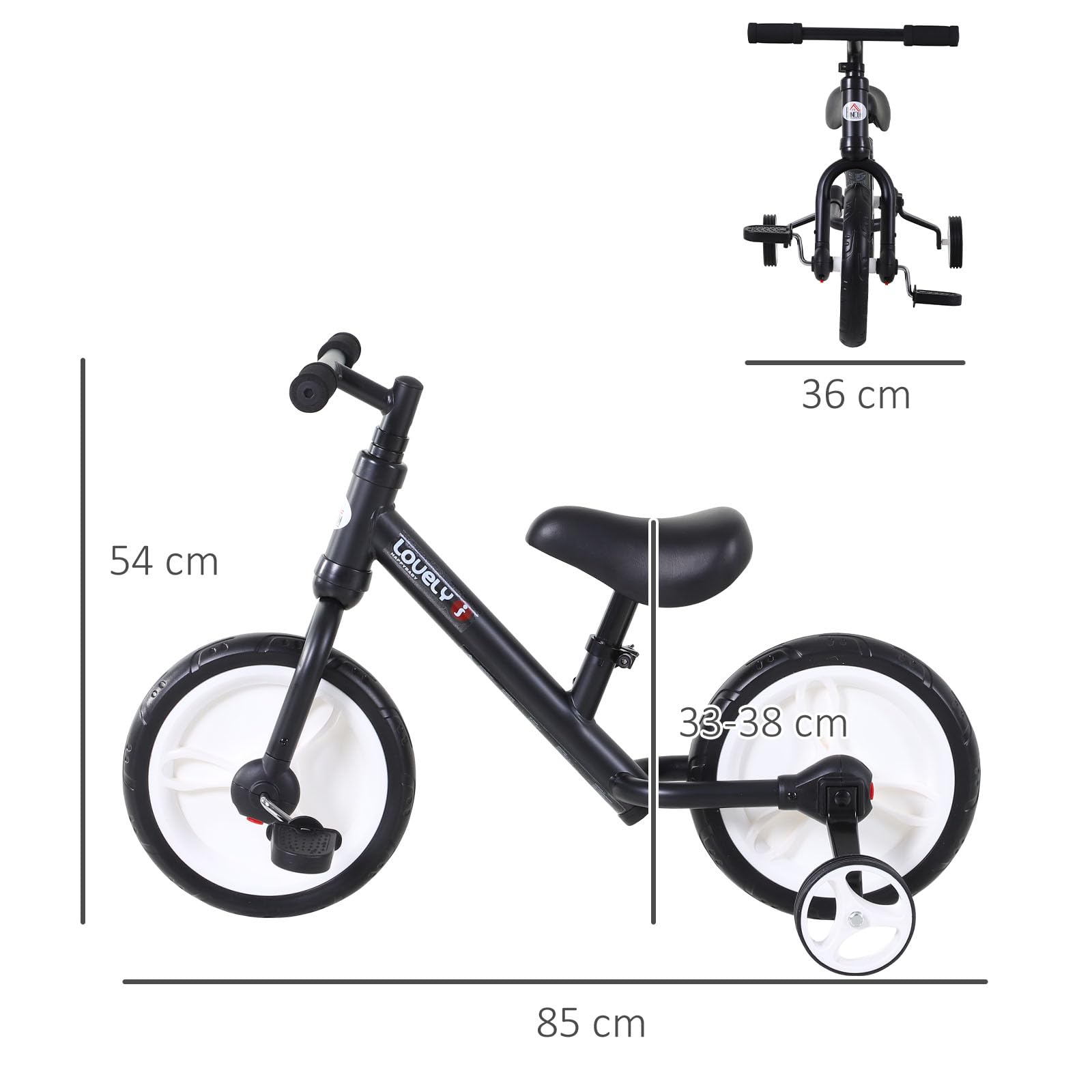 HOMCOM 11-inch kids balance bike in black with removable stabilizers and adjustable seat for ages 2 to 5 years.