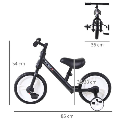 HOMCOM 11-inch kids balance bike in black with removable stabilizers and adjustable seat for ages 2 to 5 years.