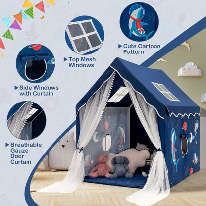 Blue COSTWAY kids play tent with washable mat, windows, and castle design, perfect for indoor and outdoor play for boys and girls.