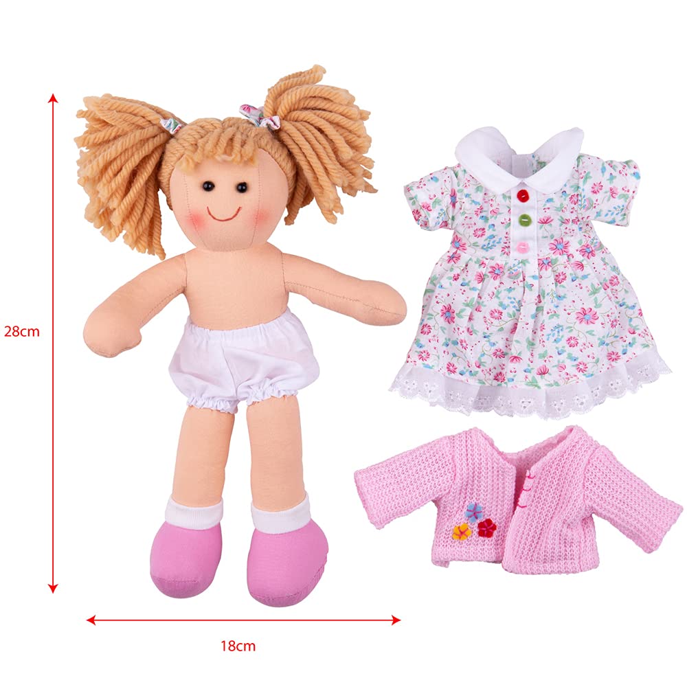 Bigjigs Toys Poppy doll, 28cm plush ragdoll with strawberry blonde pigtails and floral white dress, soft and cuddly baby toy.
