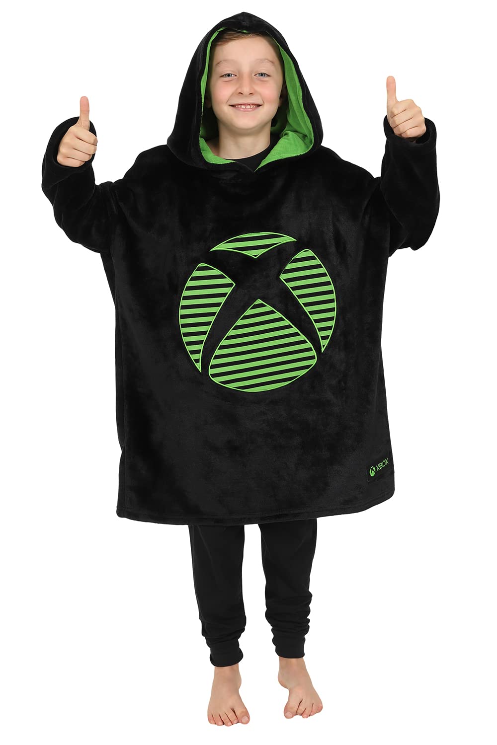 Black and green Xbox boys' fleece hoodie with gaming logo, suitable for ages 7 to 13, soft and warm for casual wear.
