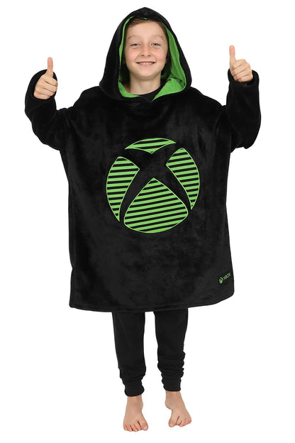 Black and green Xbox boys' fleece hoodie with gaming logo, suitable for ages 7 to 13, soft and warm for casual wear.