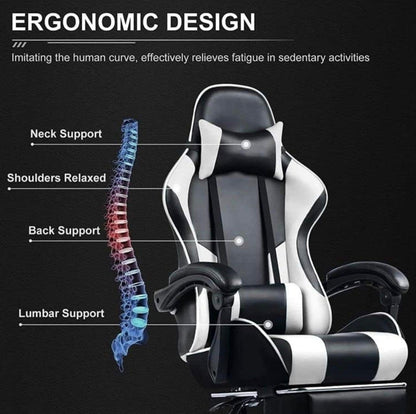 Gaming Chair Ergonomic Computer Chair Office Chair Desk Swivel Chair Adjustable Reclining Footrest Cushion White New!
