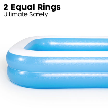 Bestway inflatable family paddling pool in a garden setting, filled with water, surrounded by children playing.