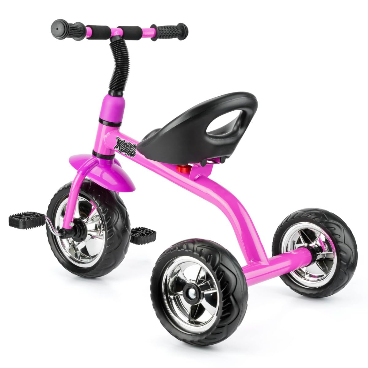 Pink Xootz tricycle for kids featuring an easy clip design and portable frame, perfect for outdoor play.