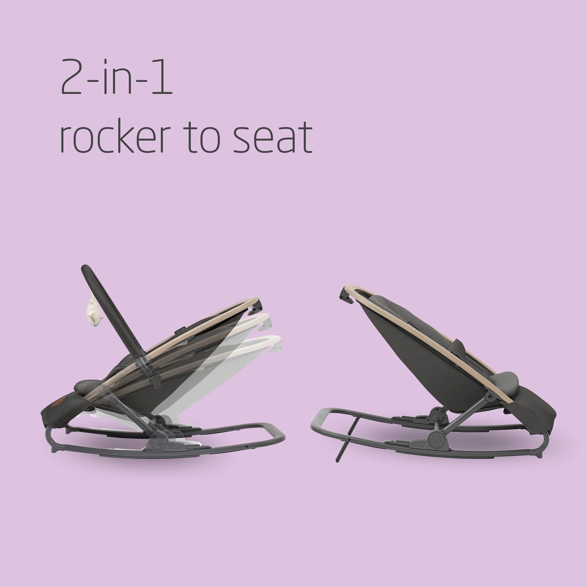 Maxi-Cosi Kori 2-in-1 ergonomic baby bouncer chair with toy arch, recline positions, harness, and newborn pillow in beyond graphite color.