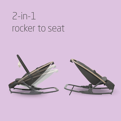 Maxi-Cosi Kori 2-in-1 ergonomic baby bouncer chair with toy arch, recline positions, harness, and newborn pillow in beyond graphite color.