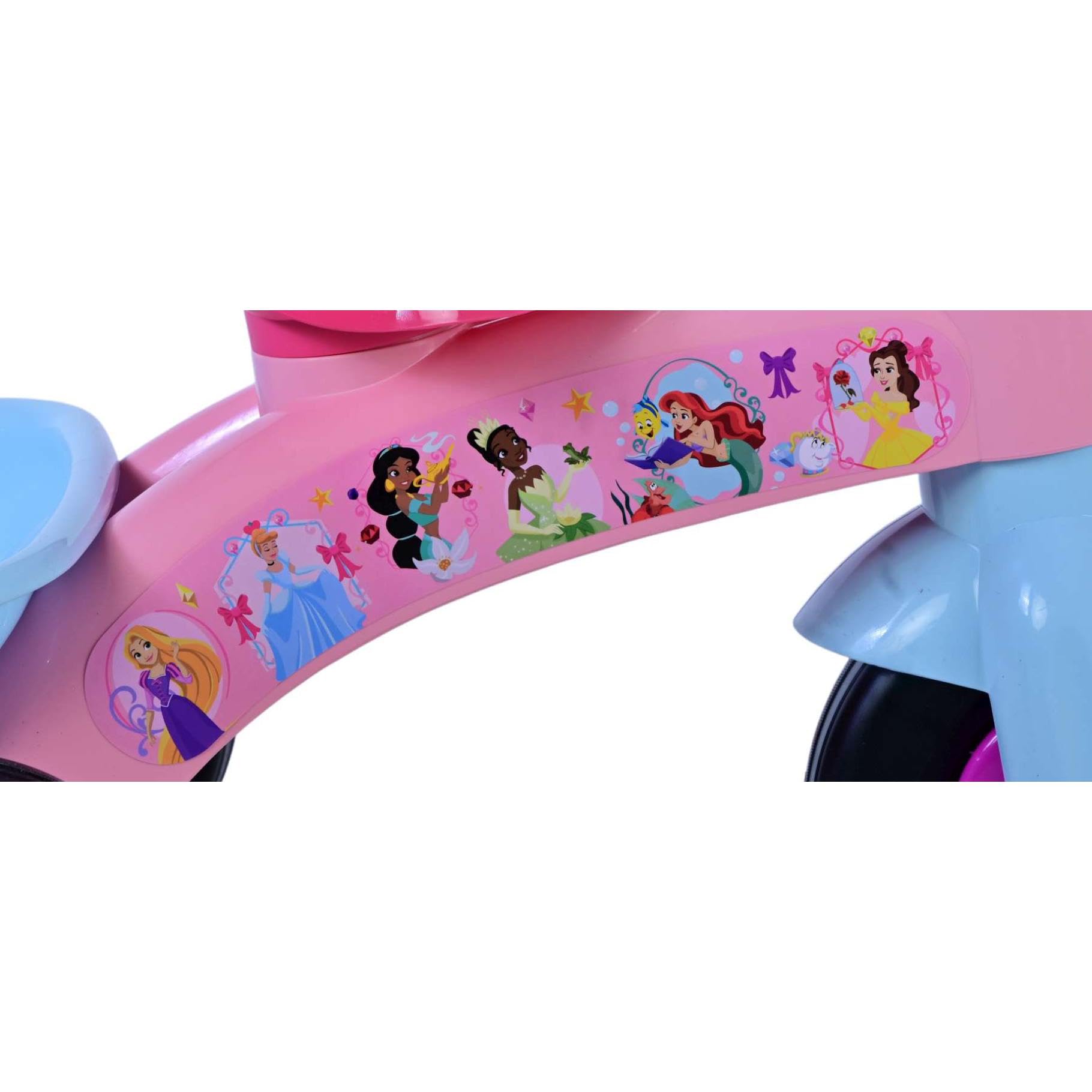 Pink Disney Princess kids tricycle for toddlers, features front and back storage baskets, suitable for ages 1-3, with 25kg capacity.