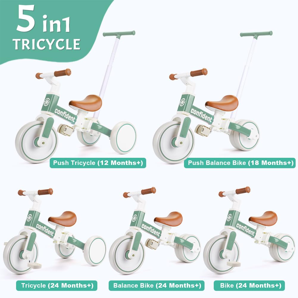 Toddler Tricycle Balance Bike for 2 3 4 Year Olds, 5 in 1 Kids Trike with Parent Handle & Removable Pedals, Push Trike Ride on Toys, Birthday Gifts for Boys Girls