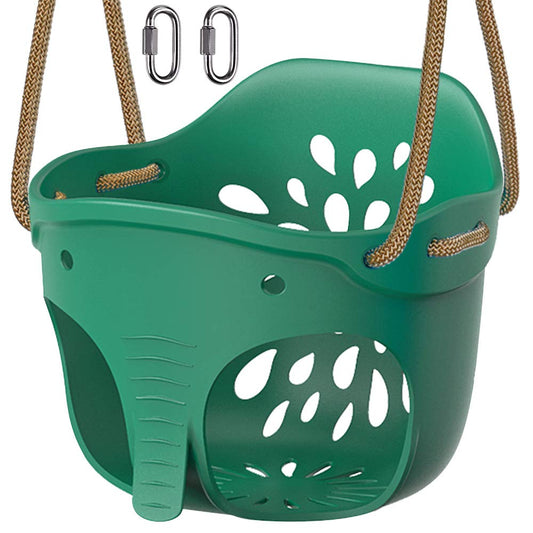 Green BeneLabel kid's plastic swing seat with high back, adjustable rope, suitable for toddlers 1-3 years old, indoor or outdoor use.