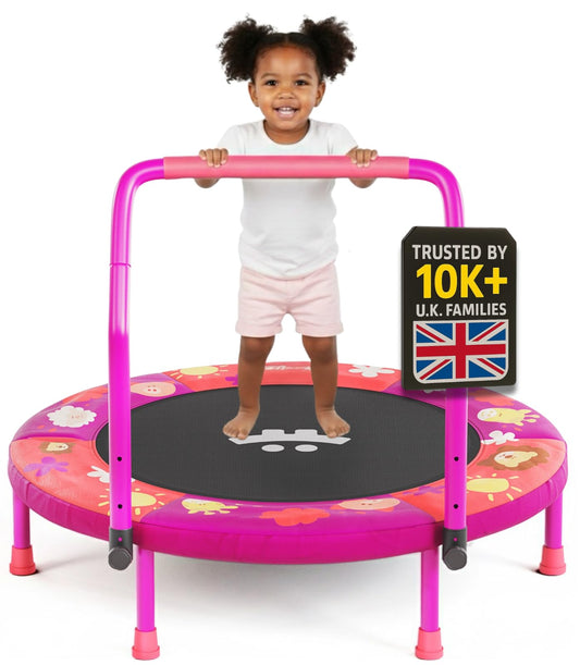 Happin 36" Mini Foldable Toddler Trampoline, Indoor Trampoline Kids with Height-Adjustable Handle, Noise-Free. Indoor & Outdoor with Super Safety Pad & Durable Steel Frame.