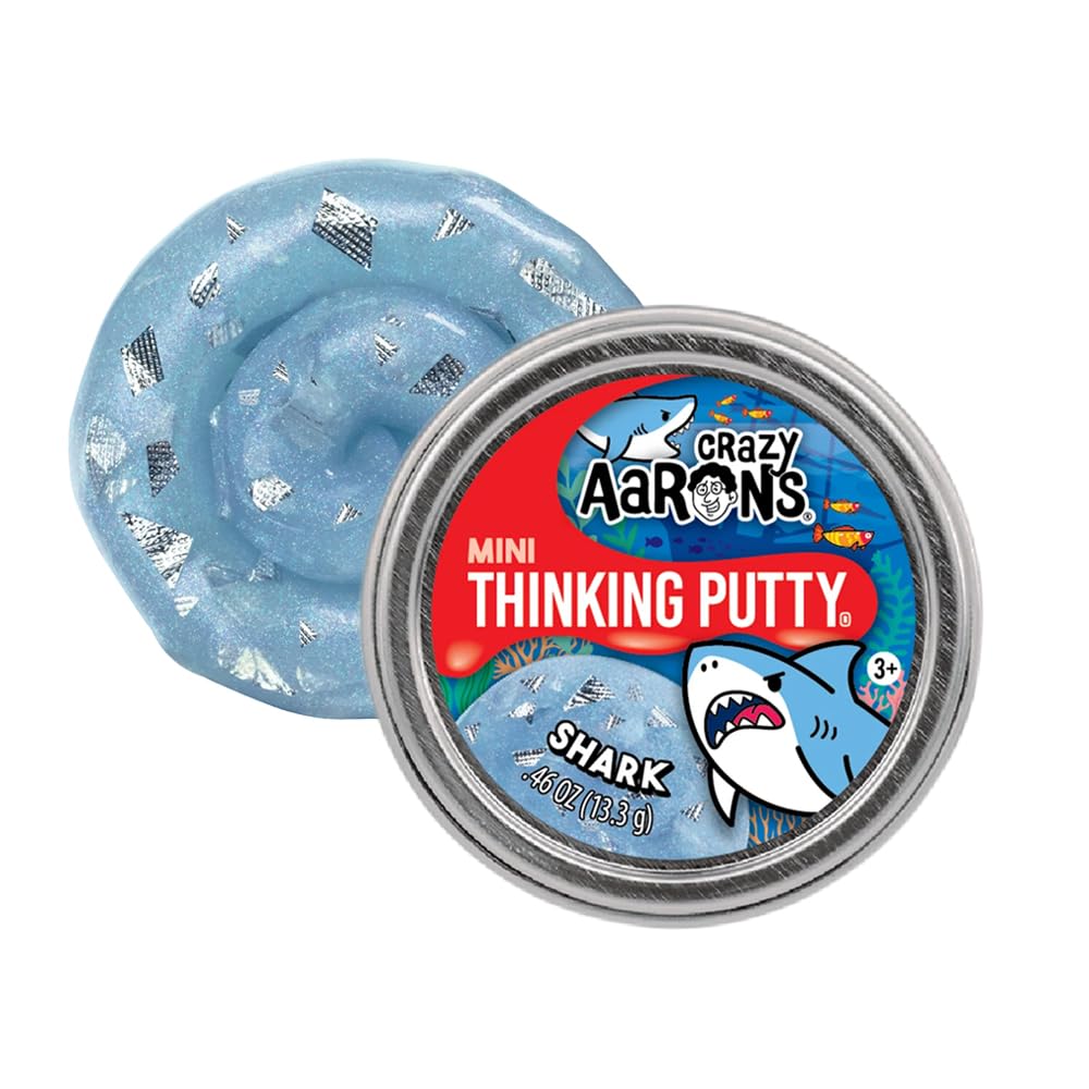 Crazy Aaron's Thinking Putty Mini Tin in Shark design, sensory therapy putty in a 2-inch tin, for kids and adults.