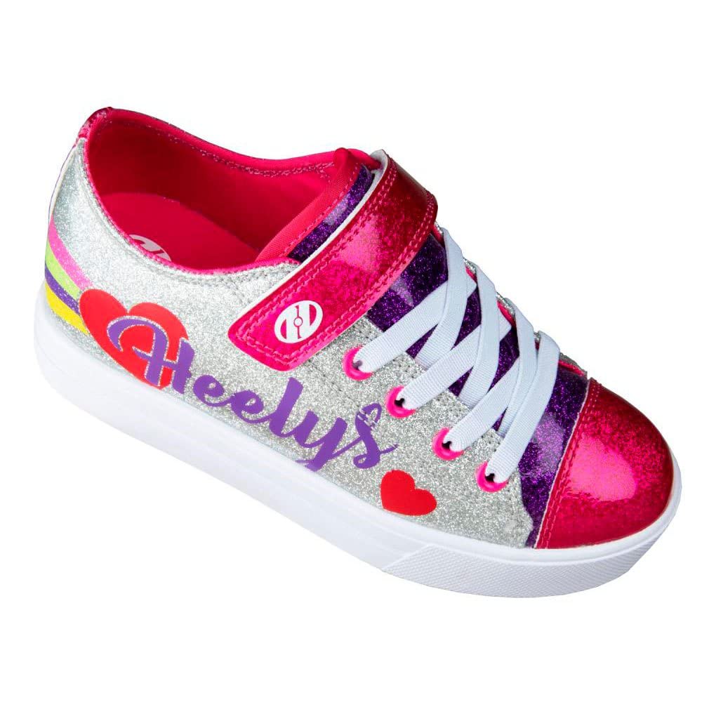 Heelys boys silver rainbow heart sneaker with wheels, casual athletic shoe for kids, size 1 UK, branded Heelys.