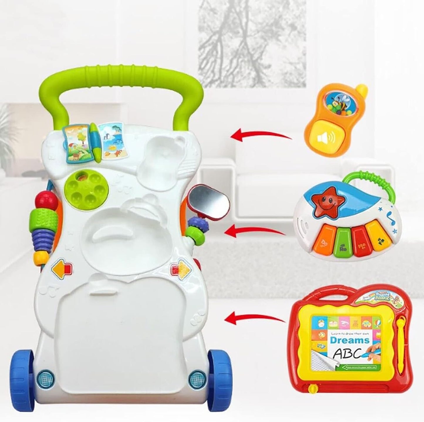 M.J COMFY-LIFE baby walking toy with music, activities, and push walker features for early walking and developmental play.