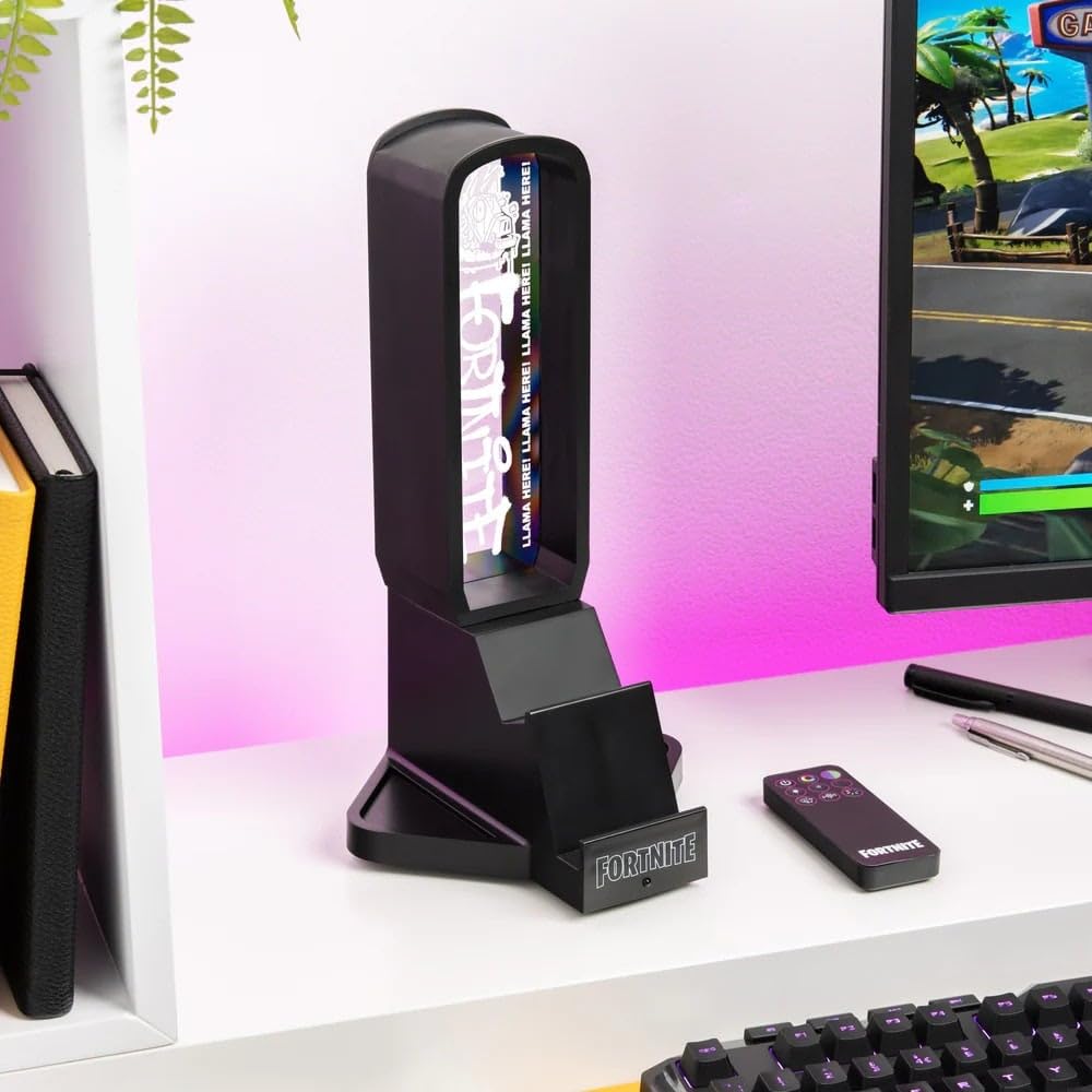 Paladone Fortnite 3-in-1 Headphone Stand and Tech Charging Station with Console Controller Cradle and 2 USB-C Ports, RGB Colour Changing Light Panel, Officially Licensed Gift for Gamers