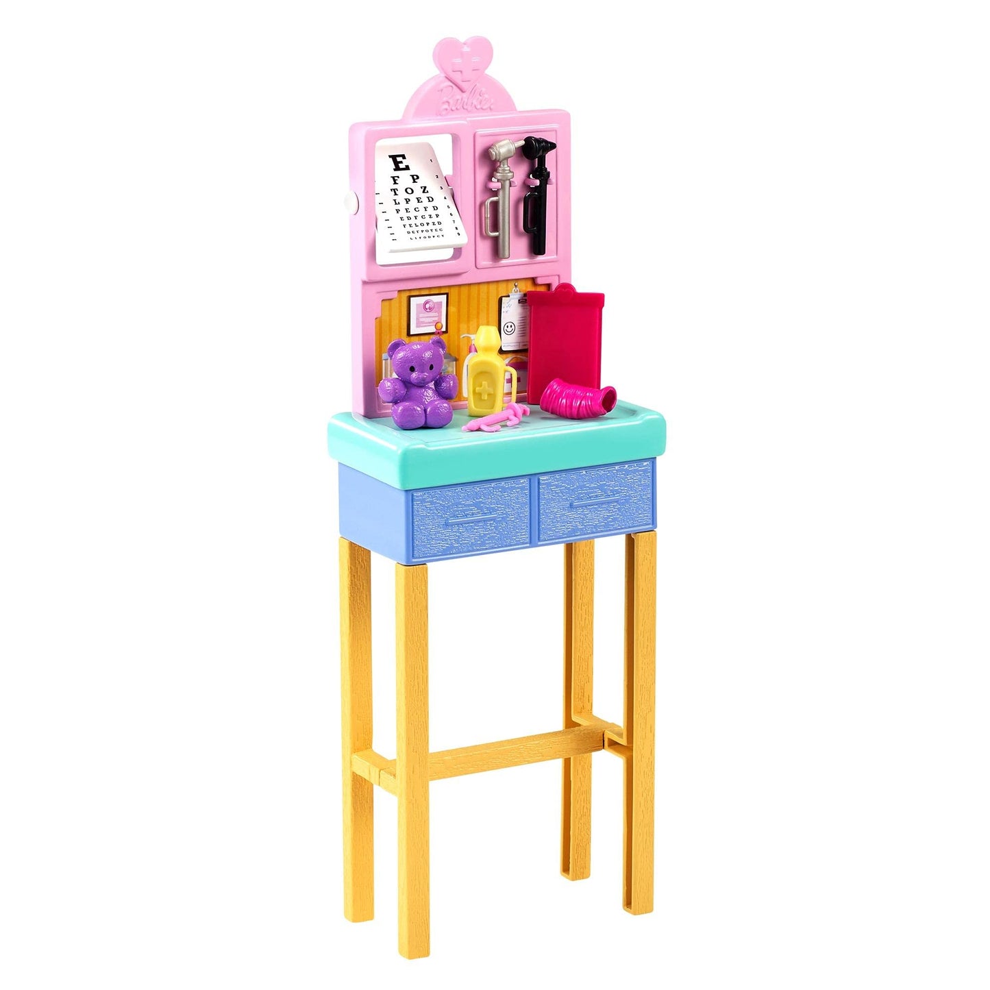 Barbie Pediatrician playset with blonde doll, exam table, X-ray, stethoscope, clipboard, patient doll, teddy bear for ages 3+