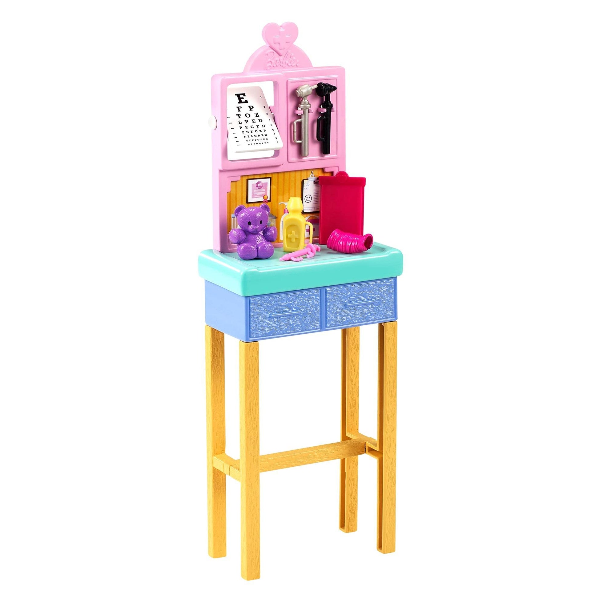 Barbie Pediatrician playset with blonde doll, exam table, X-ray, stethoscope, clipboard, patient doll, teddy bear for ages 3+