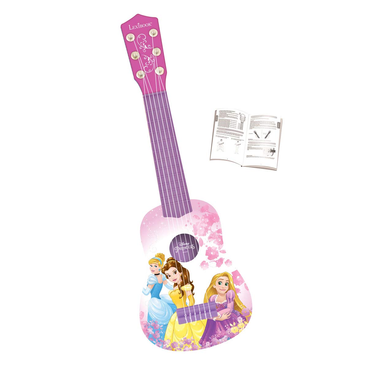 Pink Disney Princess My First Guitar by Lexibook with 6 nylon strings, 21-inch length, and beginner guide.