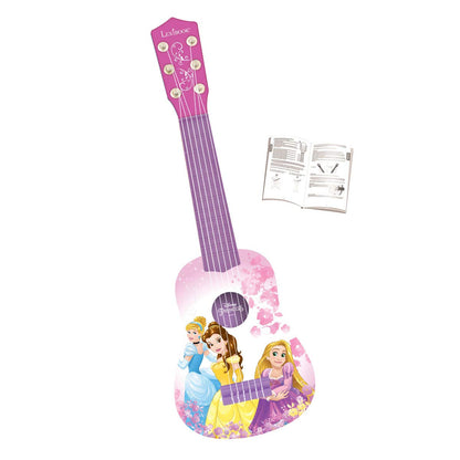 Pink Disney Princess My First Guitar by Lexibook with 6 nylon strings, 21-inch length, and beginner guide.
