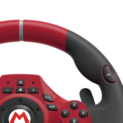 Hori Mario Kart Racing Wheel Pro Deluxe for Nintendo Switch with steering wheel and control buttons, designed for racing gameplay.