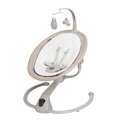 Maxi-Cosi Cassia electric baby swing chair in classic beige with 360° rotation, 12 melodies, and adjustable recline for infants.