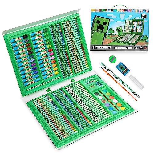 Minecraft Art Supplies for Kids Art Set for Boys Painting Creeper Crayons Paints Markers Oil Pastels Filled Art Case Colouring Sets for Children Travel Case