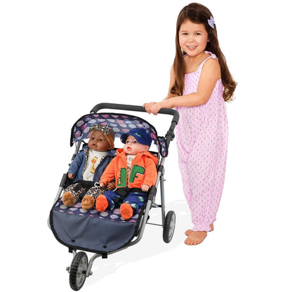The Magic Toy Shop BiBi Doll Blue Twin Stroller, Ideal Twin Dolls Prams and Pushchairs - Adjustable Canopy and Handle, Under Storage Space, Collapsible - Dolls Double Buggy Toy Pram Double Dolls Pram