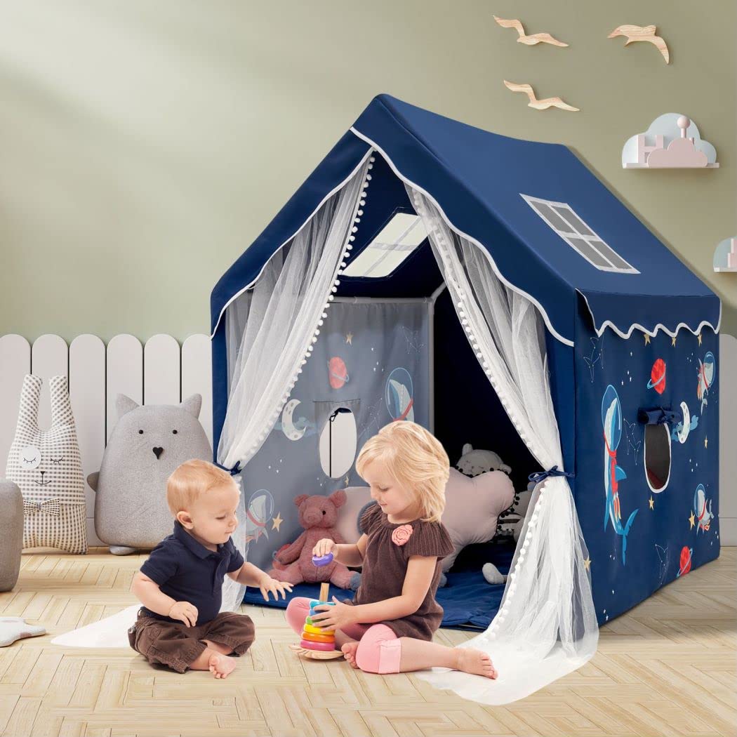 Blue COSTWAY kids play tent with windows and washable mat, indoor and outdoor castle fairy playhouse for boys and girls.