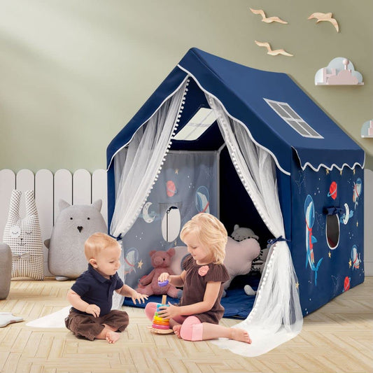 Blue COSTWAY kids play tent with windows and washable mat, indoor and outdoor castle fairy playhouse for boys and girls.