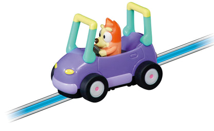 Carrera FIRST Bluey slot racing track with Bluey and Bingo figures, 2.9 meters long, suitable for children and adults.