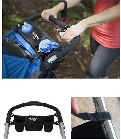 Vicloon baby stroller organizer with bottle holder, zippered pocket, and cup holder in black Oxford fabric attached to a stroller.