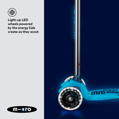 Micro Scooters | Maxi Micro Deluxe LED Children's Scooter | Handlebar Adjustable | Light Up Wheels | Glow In The Dark | Boys & Girls | 5-12yrs | Crystal Blue