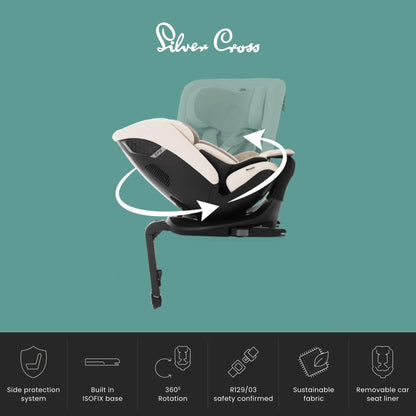 Silver Cross - Motion All Size 2 360 Car Seat - Newborn to 12 years - Isofix Car seat - 5 Point Safety Harness - 360 Rotation - Almond