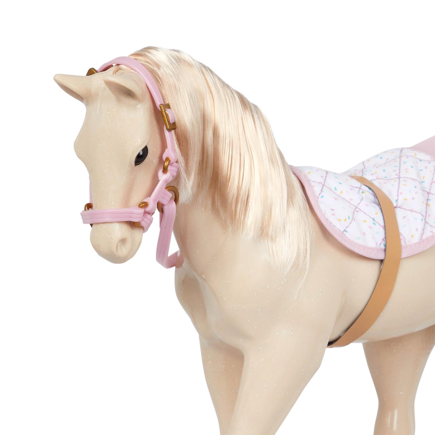 Our Generation Palomino Party Foal doll with birthday treats and a colorful 5-piece accessory set displayed on a white background.