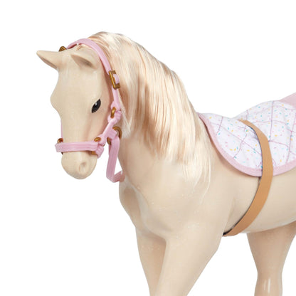Our Generation Palomino Party Foal doll with birthday treats and a colorful 5-piece accessory set displayed on a white background.
