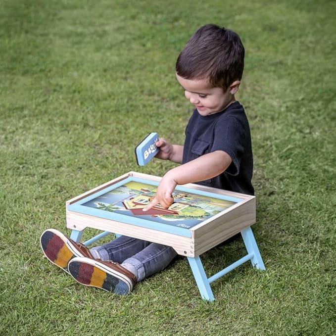 Bluey 102D Creation Station for kids, a 2-in-1 magnetic whiteboard and lap tray with colorful design and sturdy build.