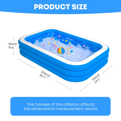 GALAXYER Inflatable Paddling Pool, 3 Rings Large Rectangular Family Swimming Center for Kids Toddlers Adult, Indoor Outdoor Garden Swimming Pool, 205 × 125 × 50 CM