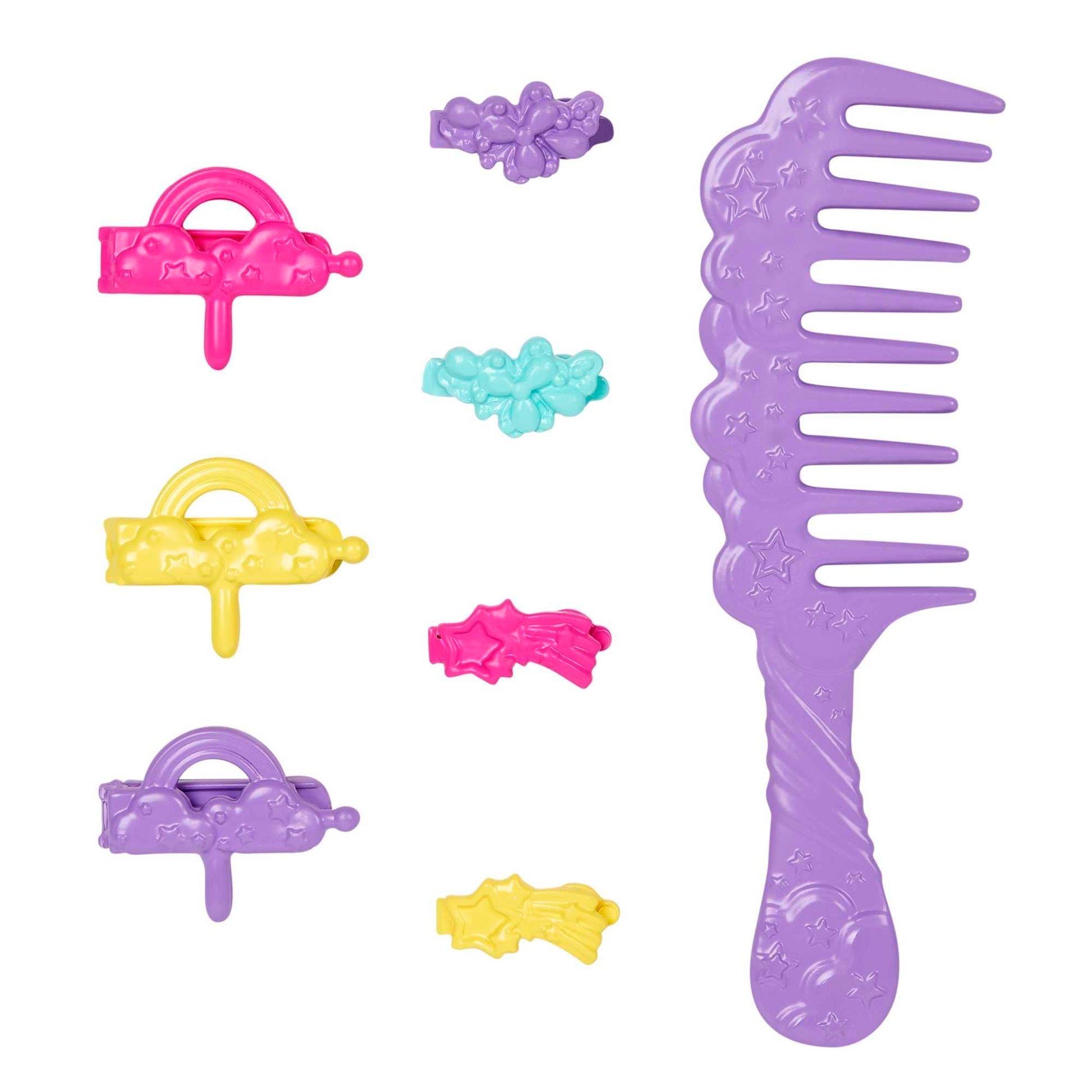 Barbie doll with fantasy hair featuring rainbow extensions, braid, twist styling tool, and accessories.