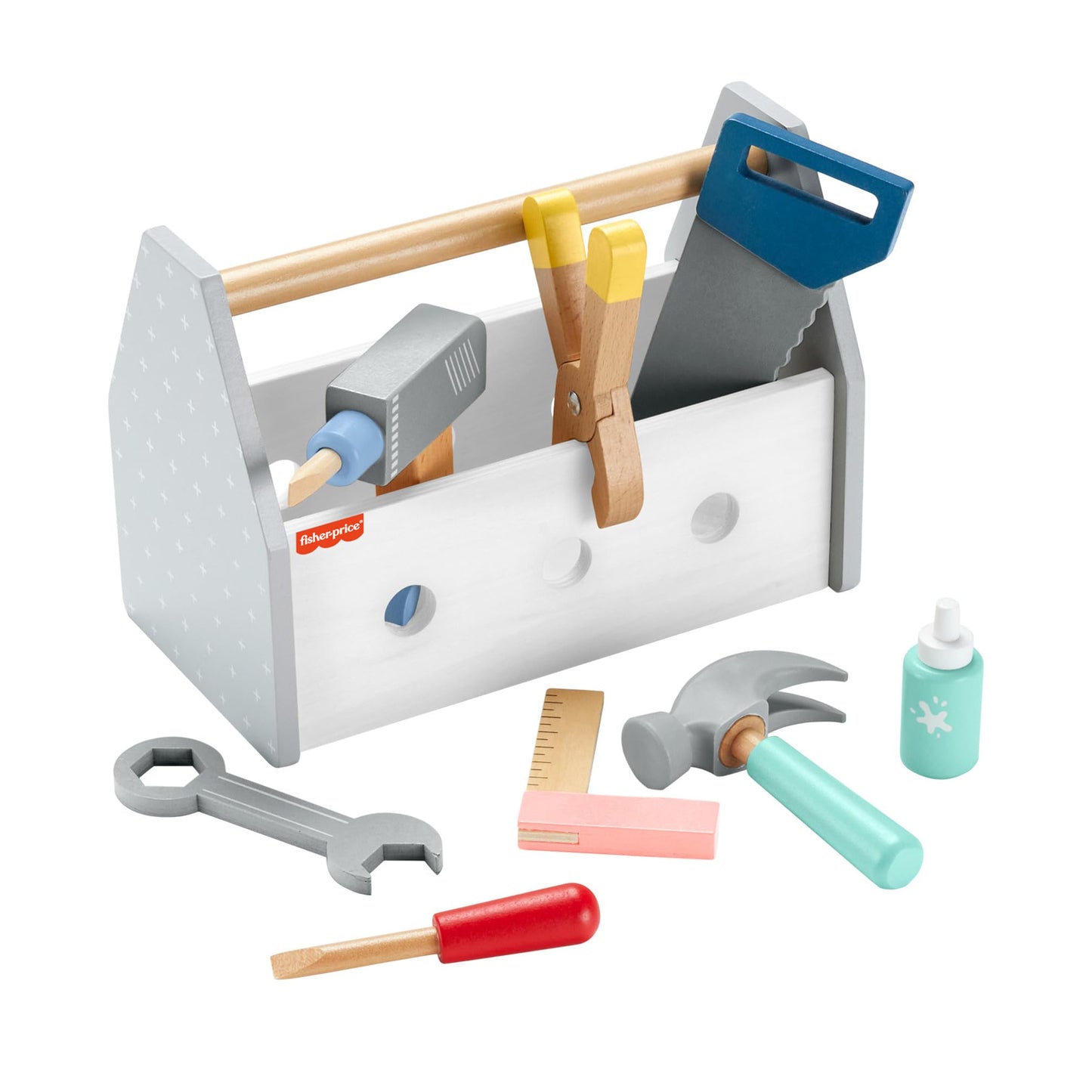 Fisher-Price wooden pretend play tool box with drill and building tools, 9-piece set for preschool kids ages 3+ years.
