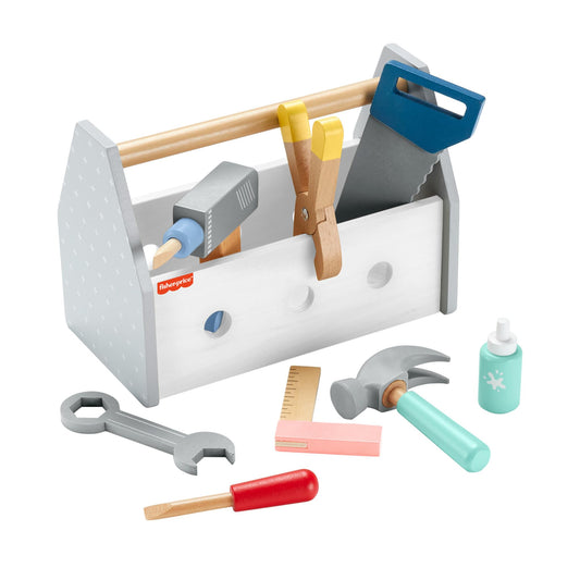 Fisher-Price wooden pretend play tool box with drill and building tools, 9-piece set for preschool kids ages 3+ years.