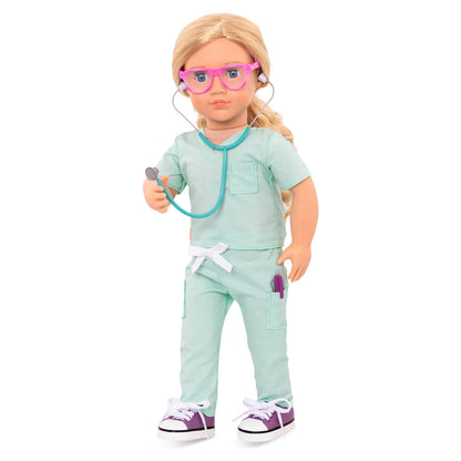 Our Generation scrubs outfit for 18-inch dolls, featuring doctor accessories for pretend play. Ideal for kids ages 3 and up.