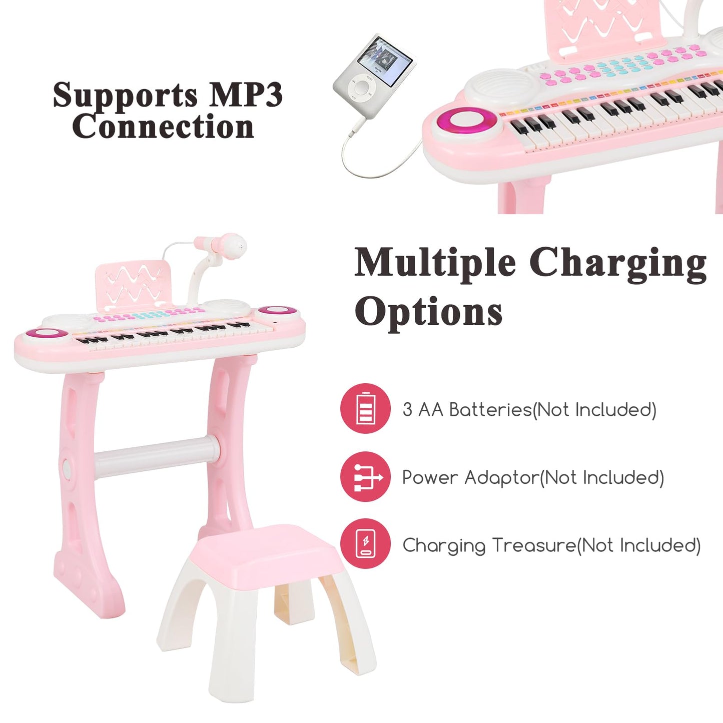 Pink Maxmass 37-key kids electric piano keyboard with stool, microphone, flashing lights, music score, and record/playback functions.