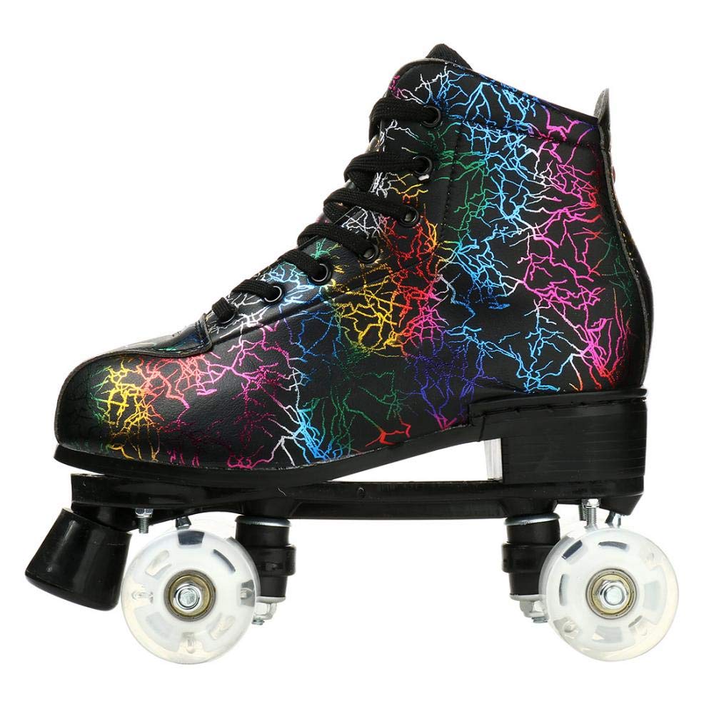 KALINU unisex lightning pattern roller skates with double row wheels, high-top design, black flash wheels, size 42, suitable for beginners.