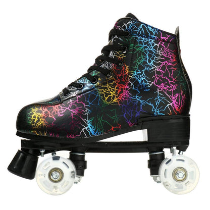 KALINU unisex lightning pattern roller skates with double row wheels, high-top design, black flash wheels, size 42, suitable for beginners.