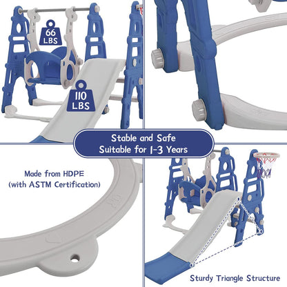 FUKEA Kids Slide, Large 4 in 1 Toddler Slide, Climber & Swing Set with Basketball Hoop, Garden Climbing Frames, Slide for Children Age 1-3 Indoor & Outdoor, for Kids (Blue)
