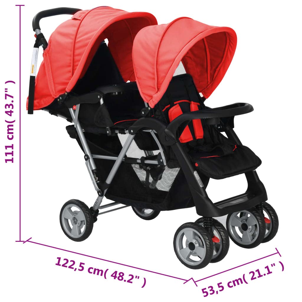 vidaXL 10111 Double Pushchair Red Baby Pram Baby Buggy Twin Buggy Multi-Coloured
