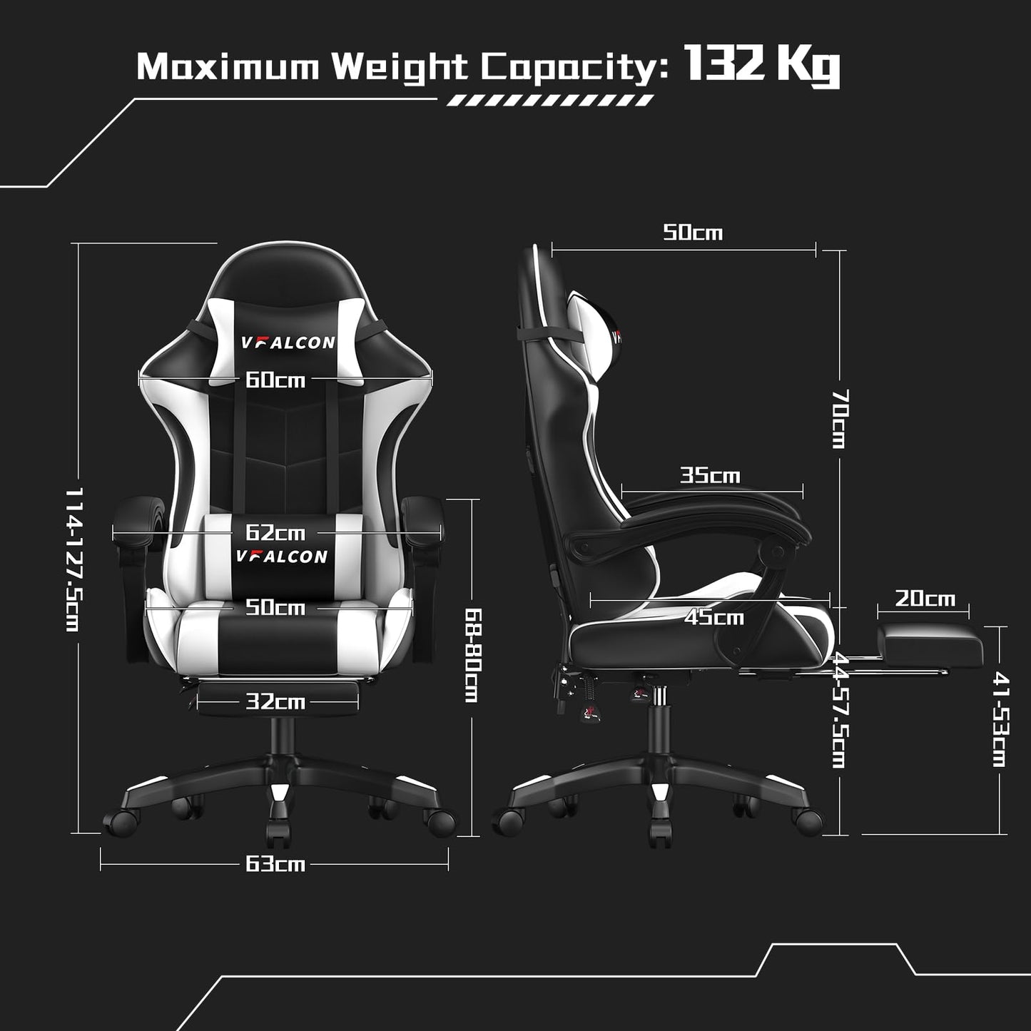 Vfalcon XTREME white gaming chair with ergonomic design, reclining feature, footrest, 360° swivel, and height adjustment