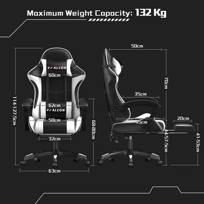 Vfalcon XTREME white gaming chair with ergonomic design, reclining feature, footrest, 360° swivel, and height adjustment