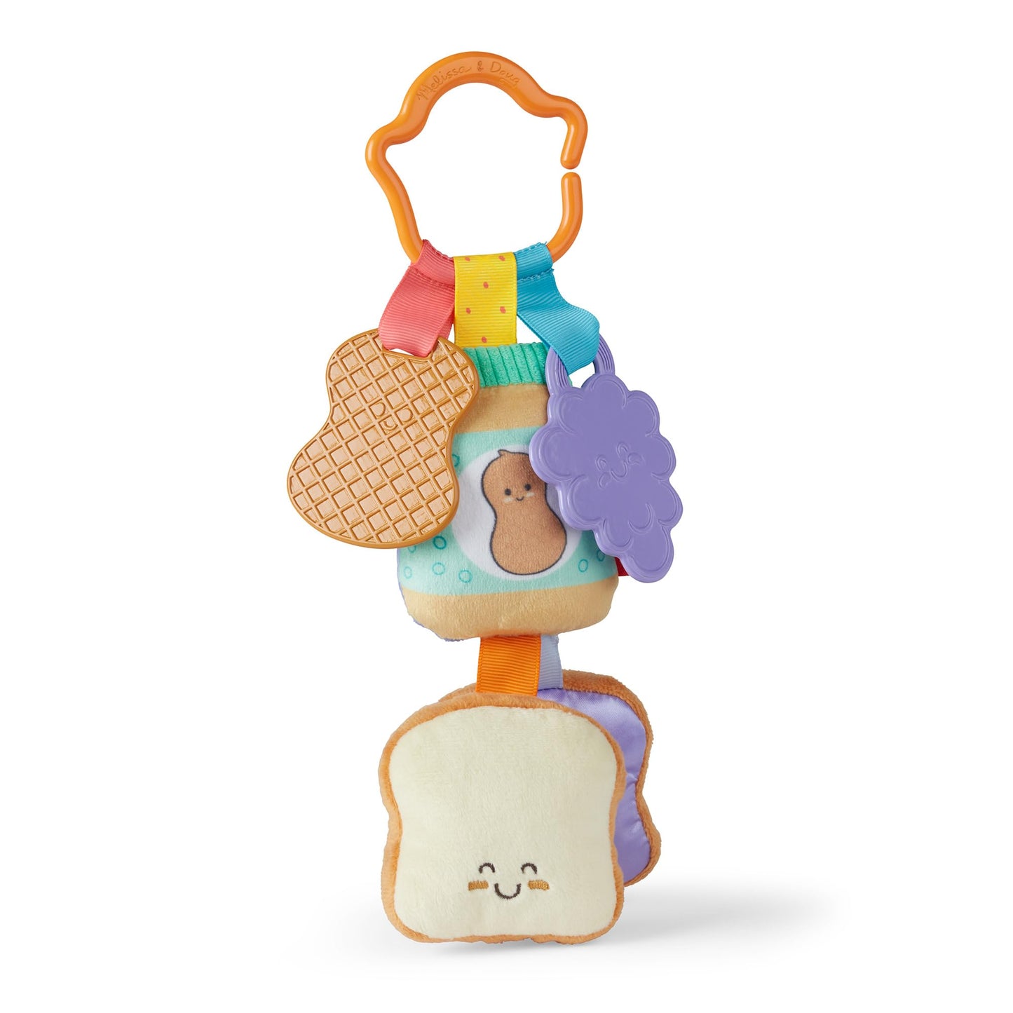 Melissa & Doug multi-sensory PB&J take-along clip-on baby toy with colorful textures, perfect for infants and toddlers.