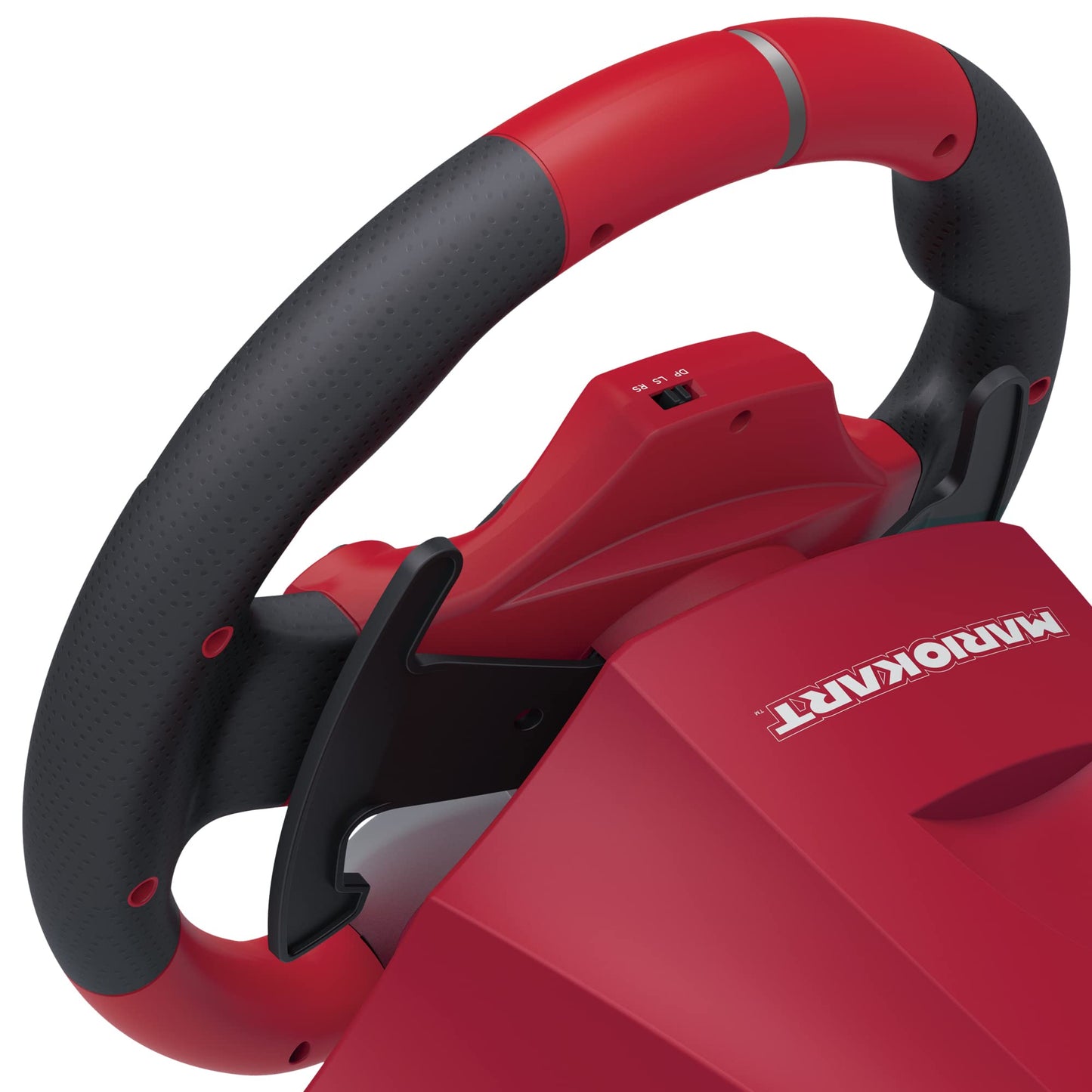 Hori Mario Kart Racing Wheel Pro Deluxe for Nintendo Switch with grip and buttons, designed for immersive racing gameplay.